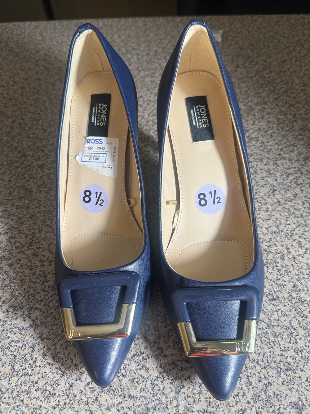 Jones New York Navy Pointed Toe Pumps with Gold Buckle - Picture 2 of 7